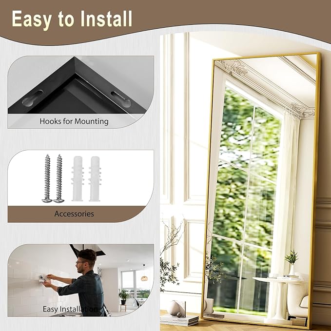 GLSLAND 68" x 24" Full Length Mirror - Rectangle Floor Mirrors Aluminum Alloy Frame Full Body Mirror for Bedroom, Living Room, Cloak Room, Gold