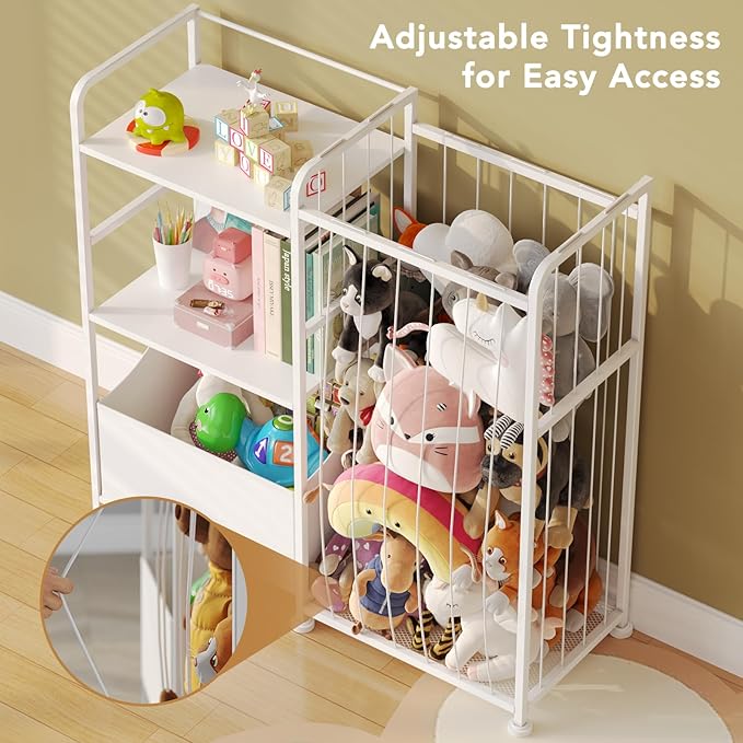 BBLIKE Stuffed Animal Storage - Stuffed Animal Net with Kids Bookshelf and Toy Organizer, 2-Tier White Bookshelf with Stuffed Animal Holder and Fabric Toy Chest for Kids Room, Playroom, Nursery, White