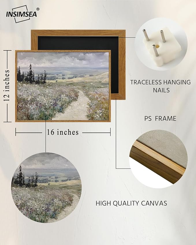 InSimSea Framed Wall Art for Living Room Vintage Landscape Decor Meadow Path Flowers Paingting Wall Decor Aesthetic Cloudy Farmhouse Art Canvas Print Home Decor for Bathrrom, Bedroom Décor 12x16In