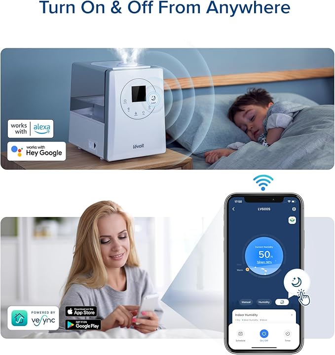 LEVOIT LV600S Smart Warm and Cool Mist Humidifiers for Home Bedroom Large Room, (6L) 753ft² Coverage, Quickly & Evenly Humidify Whole House, Easy Top Fill, App & Voice Control - Quiet Sleep Mode