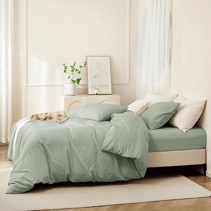 JIYUAN 100% Washed Cotton Duvet Cover Set 3 Pieces Super Queen, 1 Duvet Cover 90x98 Inches(Comforter Not Included) and 2 Pillowcases,Linen Feel Bedding Set Comfy and Breathable, Heathered Sage Green