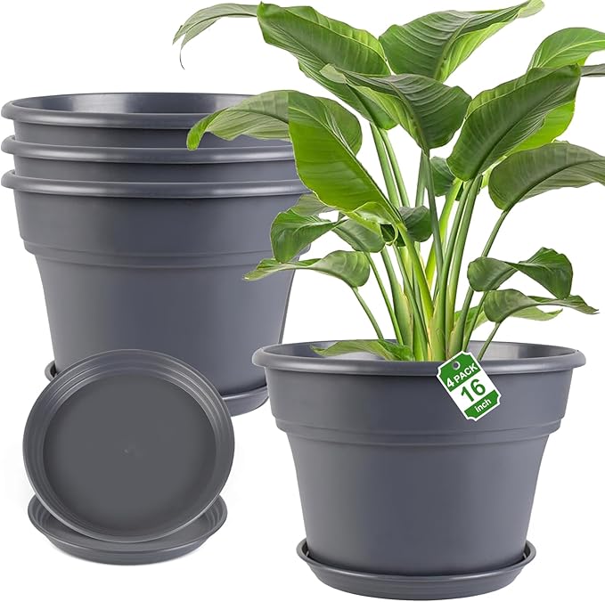 16-inch-Plant-Pots, 4 Pack Large Planters for Outdoor Plants, Plastic Flower Pots Indoor with Drainage Holes & Trays, Classic Garden Pot Container for House