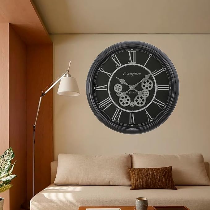23 Inch Black Steampunk Wall Clock with Decorative Gears, Industrial Vintage Analog Clock for Living Room, Farmhouse, Office Decor, Silent Non-Ticking Battery Operated