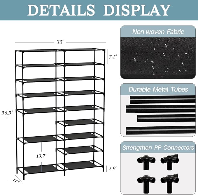TY ARTS & CULTURE 9-Tier Metal Shoes Rack, Black, 34.6"L x 10.2"W x 56.3"H