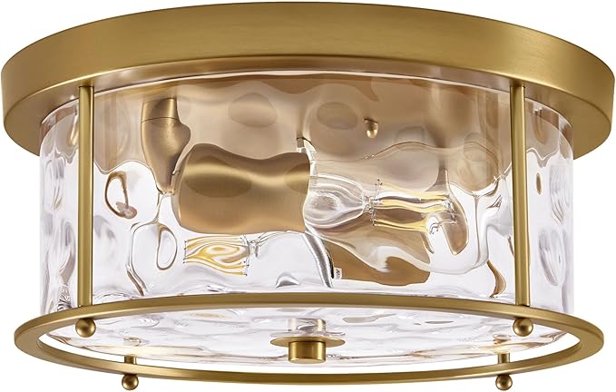 LamQee Flush Mount Ceiling Light with Clear Hammered Glass, Industrial 2-Lights Farmhouse Close to Ceiling Light Fixtures Round Low Profile Lights for Kitchen Hallway Foyer Entrance Bedroom Gold