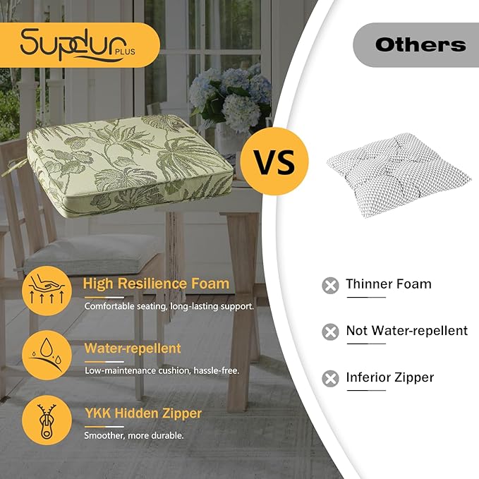 Outdoor Square Corner Seat Cushion, 18.5"x16"x3", Set of 4, Non Slip Seat Cushion Pads with Removable Cover for Patio Furniture, Garden Yard Lawn, Dark Green Vine