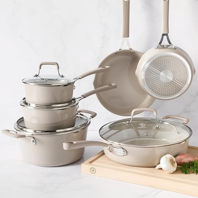 Martha Stewart Heathland Premium Nonstick PFA Free Ceramic Interior 10-Piece Tapered Aluminum Cookware Set - Taupe