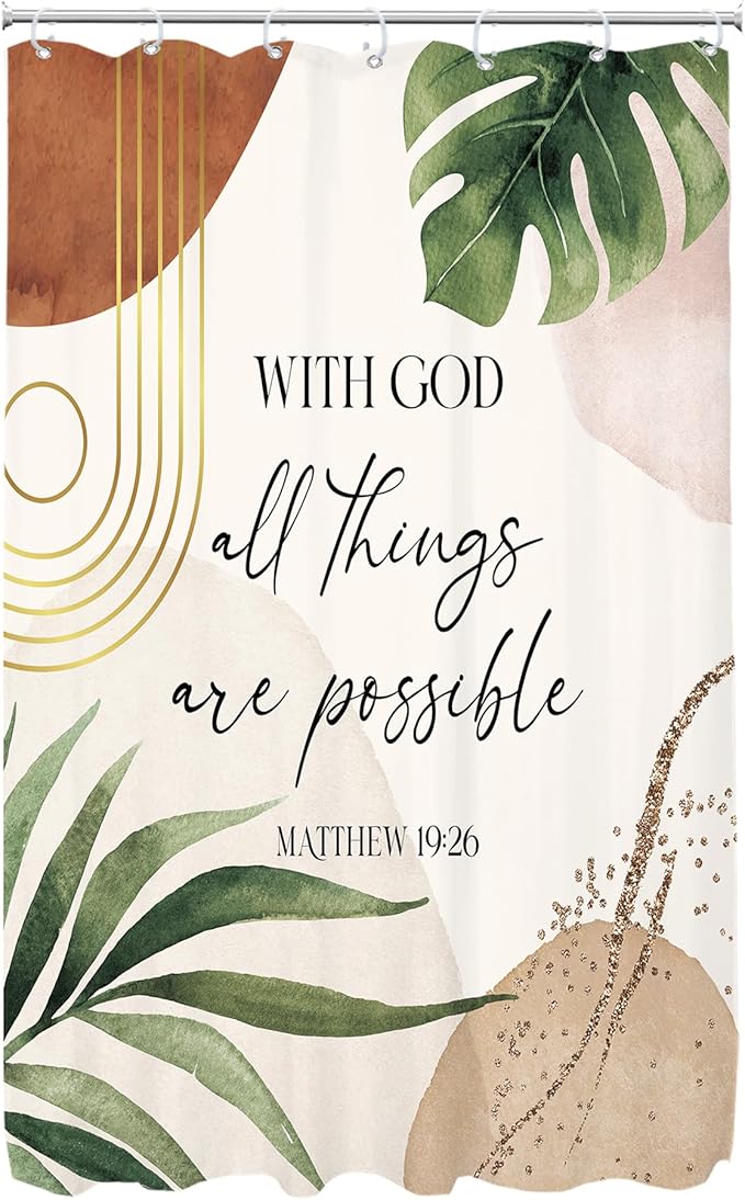 Glawry Boho Bible Verse Small Shower Curtain Stall RV Narrow Inspirational Scriptures Quotes Palm Leaf Abstract Bathroom Mid Century 48Wx72L Inches Bath Accessories Art Home Decor Fabric 8 Pack Hook