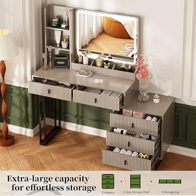 Large Vanity Desk with 3 Color Touch Screen Dimming Mirror, Vanity Desk with Charging Station, Modern Retractable Makeup Dressing Table, Makeup Table with Storage Shelves and 5 Sliding Drawers