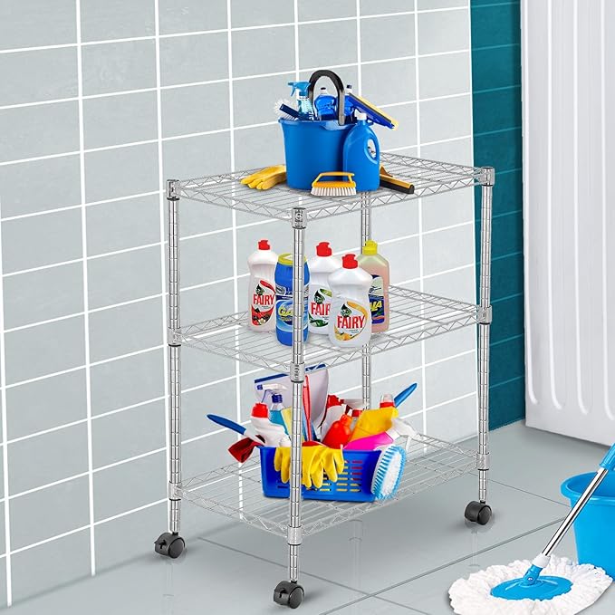 PayLessHere 3-Tier Adjustable Metal Storage Rack with Wheels Mesh Shelving Unit Heavy Duty Storage Shelving Unit,Chrome