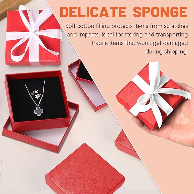 Tanstic 12Pcs Cardboard Jewelry Gift Boxes Kit, 3.5 x 3.5 x 1.2 Inch Red Gift Boxes Cardboard Jewelry Boxes with 74ft White Ribbon and Scissor for Rings, Necklaces, Earrings, Bracelets
