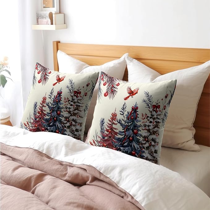 Kawani Christmas Pillow Covers 16x16 Inch Red Christmas Trees Decorative Throw Pillow Covers Set of 2 Winter Xmas Holiday Pillowcases Cushion Covers for Couch Indoor Outdoor Home Decor