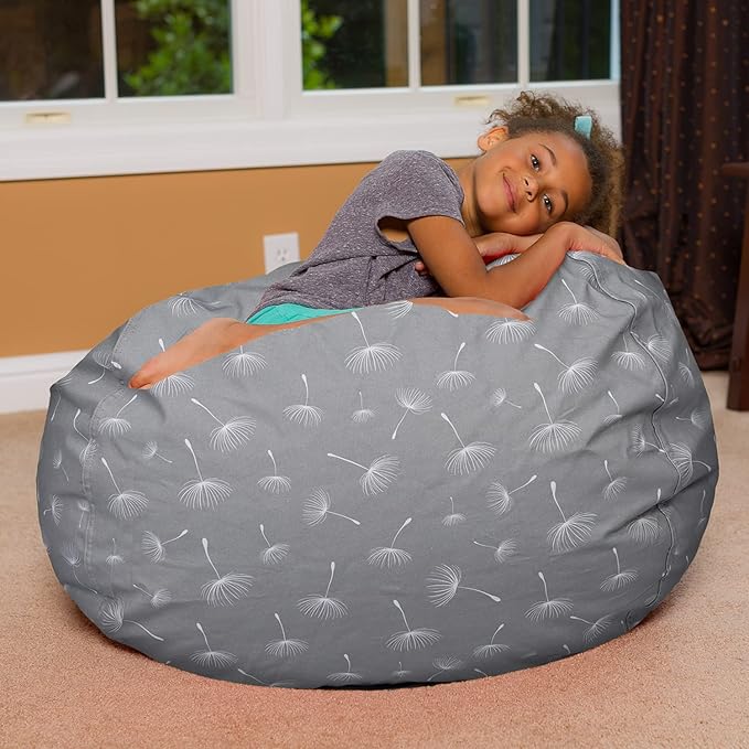 Posh Creations Bean Bag Chair for Kids, Teens, and Adults Includes Removable and Machine Washable Cover, Canvas White Dandelions on Gray, 38in - Large