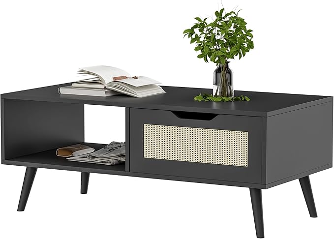 Black Rattan Coffee Table, Mid Century Modern with Drawer & Shelf, 39'' Wooden Boho Coffee Table for Living Room