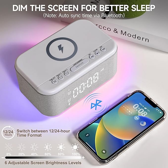 Alarm Clock Speaker Wireless Charger, Digital Alarm Clocks Bedrooms Bluetooth, Alarm Clock Dimmable Light Bedrooms Dual Alarm Snooze Dimmer 12 24H RGB Night Light Bluetooth USB AUX, Gray