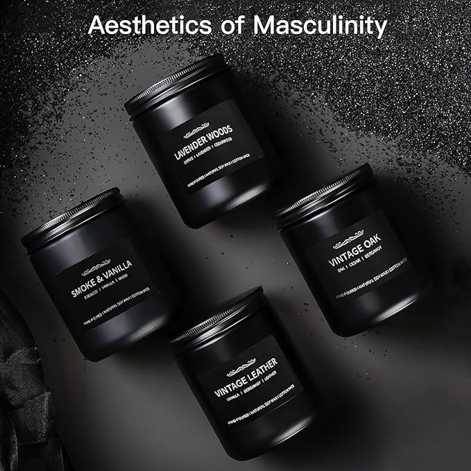 Scented Candle Set, Men Candle Set, Scented Candles for Home, Gifts for Men, 4 Pack Manly Candles Gifts for Mens Scents of Smoke Vanilla/Leather/Oak/Lavender Wood