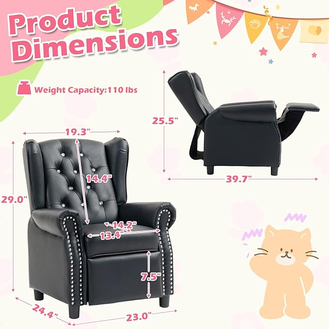 AVAWING Kids Wingback Recliner Chair with Studded Tufted Backrest & Nailhead Trim, PU Leather Kids Chair with Adjustable Backrest and Footrest, for Bedroom or Nursery (Black)