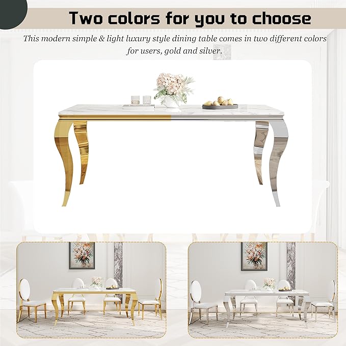 7-Piece Dining Table Set for 6, Faux Marble Modern Dining Table Set with 6 Oval Backrest Upholstered Chairs, 70“ Stainless Steel Legs Table & Chair Set for Kitchen, White & Gold