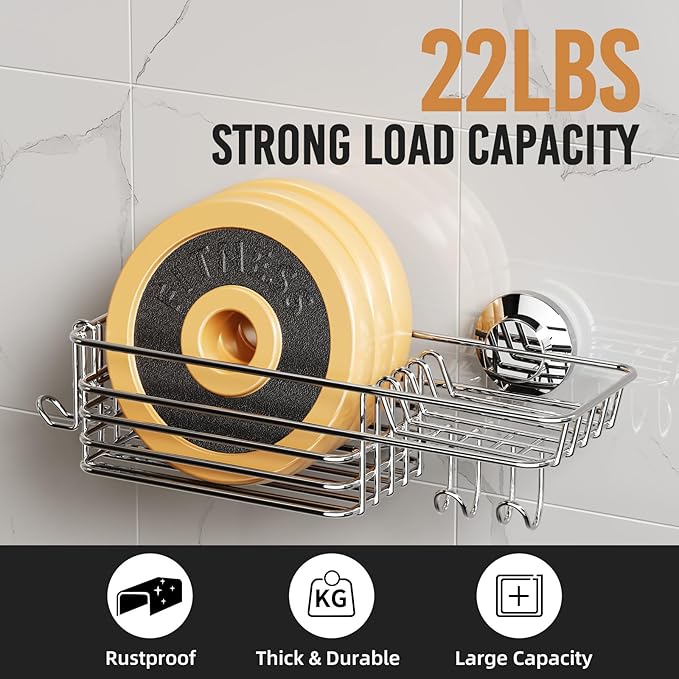 LEVERLOC Shower Caddy Suction Cup, Shelves for Inside with Hooks & Soap Holder Toothbrush Holder, NO-Drilling Bathroom Organizer, Rustproof Holder Storage, Silver