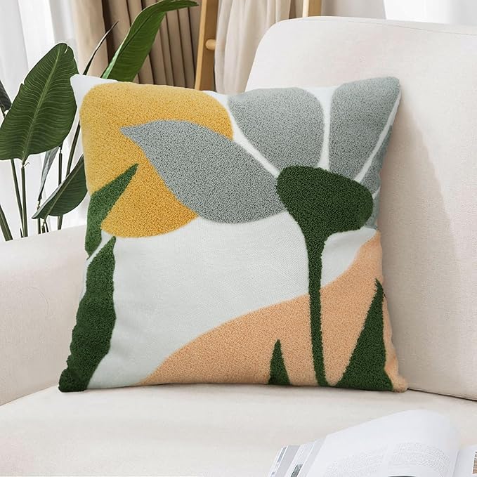 Merrycolor Boho Decorative Throw Pillow Covers Abstract Tufted Mid Century Modern Throw Pillows Leaf Sun Aesthetic Textured Pillow Cover Green Throw Pillows Cover for Bed Couch,Flower 18x18 Inch