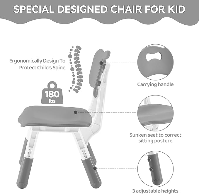 Kids Study Table and Chairs Set, Height Adjustable Toddler Table and Chair Set for Kids Ages 3-8, 31.5" L x 23.6" W Graffiti Desktop Plastic Children Art Table with 2 Seats, Grey