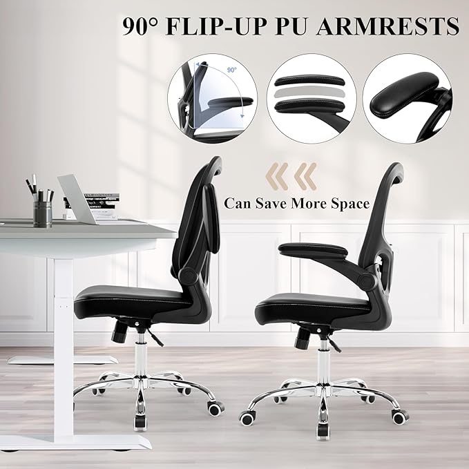 Office Chair, Mesh Ergonomic Desk Computer Chair with PU Leather Flip-up Armrest, Home Task Chair with Lumbar Support, Adjustable Executive Mid Back, Rolling Swivel,Black