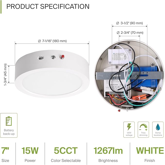 ASD LED 7" Round Flush Mount Ceiling Light Fixture, Low Profile Surface Lighting | 5CCT, Dimmable, Battery Backup, ETL Listed | 15W 1200LM 2700-6000K 120V | Kitchen, Hallway Lamp | White, 12 Pack