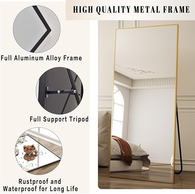 BEAUTYPEAK Full Length Mirror with Stand, 65"x24" Floor Mirror with Aluminum Alloy Thin Frame, ShatterVue Tempered Full Body Mirrors, Free Standing or Wall-Mounted Mirrors for Living Room, Gold
