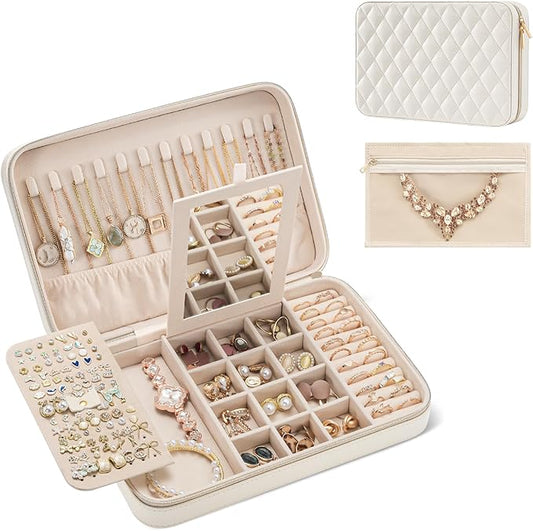 Lolalet Travel Jewelry Case for Women, Travel Jewelry Organizer Box with Mirror & Clear Storage Bag, Small Portable Traveling Earring Necklace Bracelet Ring Case, Bridesmaid Gifts -Large, White