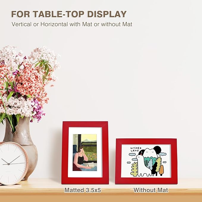 KINLINK 4x6 Picture Frames Red, Solid Wood Frames with Acrylic Plexiglass for 3.5x5 with Mat or 4x6 without Mat, Tabletop and Wall Mounting Display, Set of 4