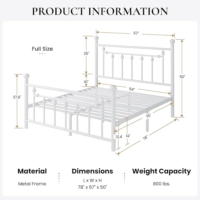SHA CERLIN 14'' Full Size Metal Platform Bed Frame/Victorian Headboard and Footboard/Steel Slats Mattress Foundation for Storage/No Box Spring Needed/Noise Free/White
