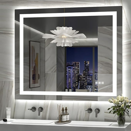 LED Mirror for Bathroom, 40x36 Inch Backlit + Front Lighted Bathroom Vanity Mirror with Lights for Wall, Double Light Strips, 3 Colors, Shatter-Proof, Anti-Fog and Brightness Memory
