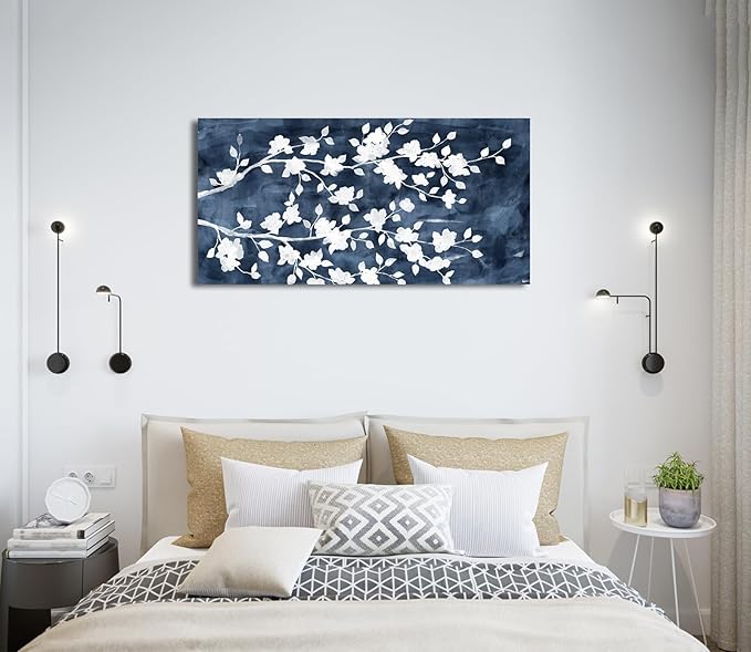 NINEASO Abstract Flowers Canvas Wall Art - Gray White Tree Floral Branches Pictures Wall Decor White Blossom Deep Indigo Blue Background Painting Artwork for Living Room Bedroom Home Decor 20" X 40"