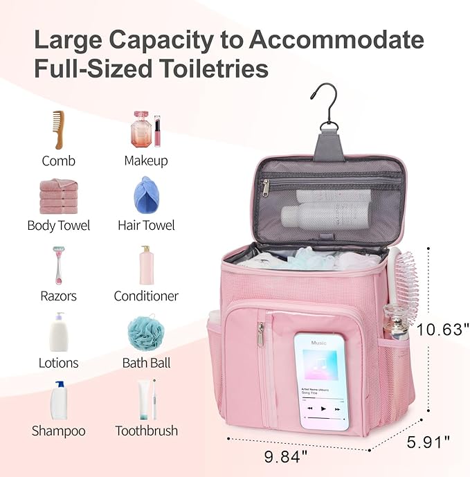 F-color Hanging Shower Caddy Portable with Clear Makeup Bag - College Dorm Essentials for Guys with Hooks Pink, TSA Approved Toiletry Bag for Travel Size, Rose Pink