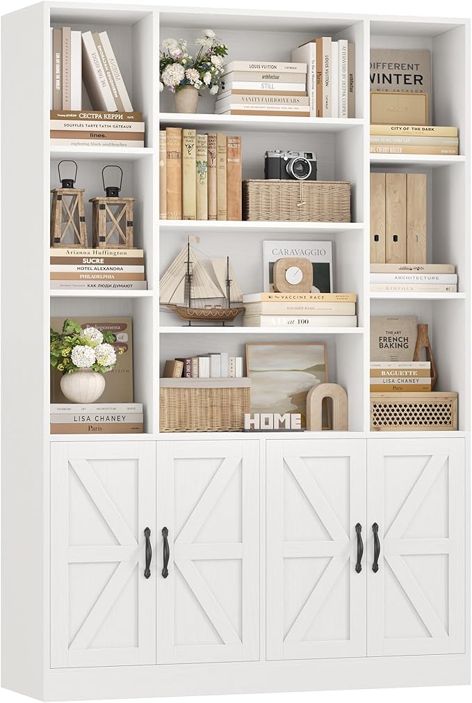 HOSTACK 75” Tall Book Shelf and Bookcase, White Bookshelf with Storage Cabinet, 47” Wide Bookcase with 4 doors, Standing Display Shelves, Modern Farmhouse Book Case for Living Room, Home Office, White