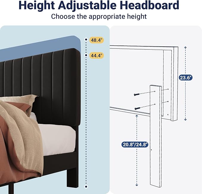 Allewie Twin Bed Frame, Velvet Upholstered Platform Bed with Adjustable Vertical Channel Tufted Headboard, Mattress Foundation with Strong Wooden Slats, Box Spring Optional, Easy Assembly, Black