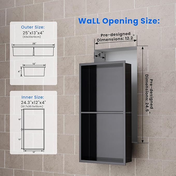 POPFLY 12"×24" Dark Grey Stainless Steel Shower Niche, Double Shelf Bathroom Insert Niche No Tile Ready Needed Recessed Two Tier Wall Niches for Shower