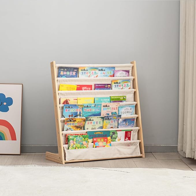 7 Tier Wood Bookshelf for Kids Books Storage Organizer Natural Wooden Book Shelves for Study Room Living Room (29.52" L x 11.81" W x 31.10" H)