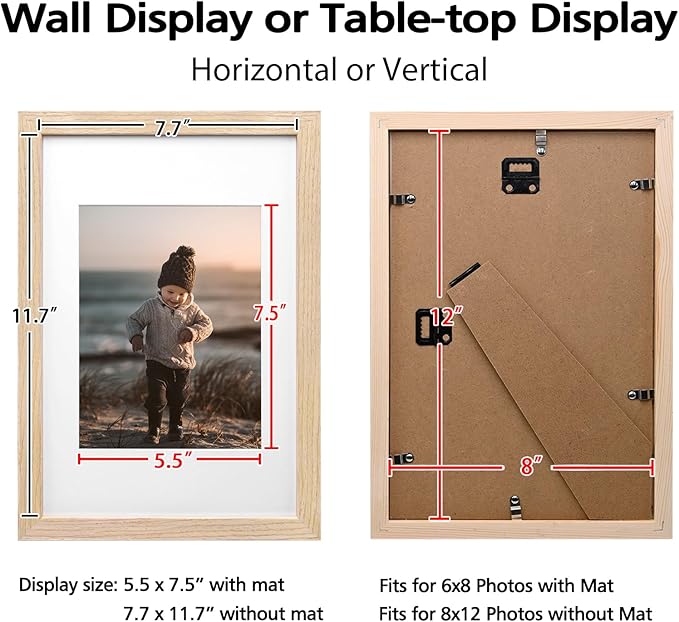 KINLINK 8x12 Picture Frame Natural, Solid Wood Frames with Acrylic Plexiglass for Pictures 6x8 with Mat or 8x12 without Mat, Tabletop and Wall Display Photo Frame, Set of 4