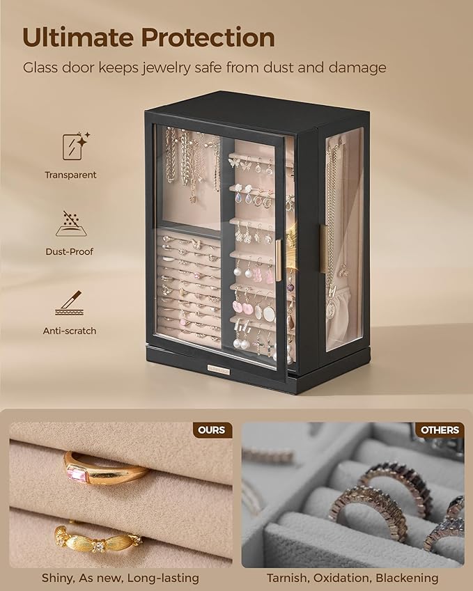 360° Rotating Jewelry Box with 9 Drawers, Spacious Vertical Jewelry Organizer with Glass Window, Jewelry Storage Case, Dustproof & Moisture-resistant Design, Black