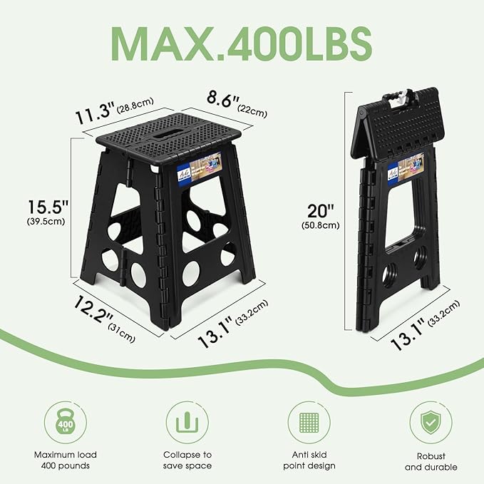 ACKO Folding Step Stool Foldable 16 Inch Stools for Adults and Kids, Plastic Stools Tall 400 lbs Capacity, Collapsible Stool for Kitchen Stepping Foot Stool with Handle, Dot Black,1 PC