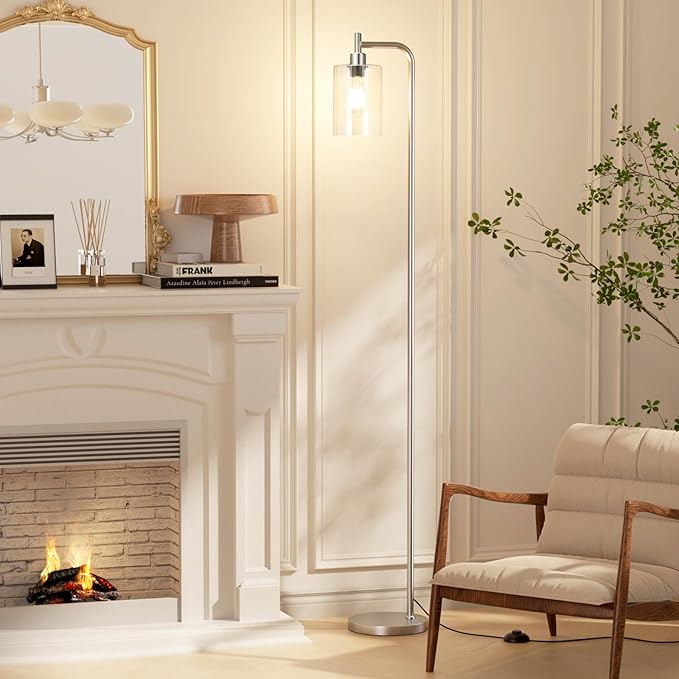 Floor Lamps for Living Room - Industrial Standing Lamp with Glass Shade, Modern Floor Lamp with LED Bulbs, Tall Lamp for Bedroom Office - Brushed Nickel