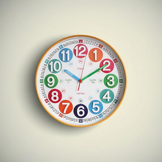 Learning Time Clock for Kids,12 Inch 3D Numbers Colorful Clock Face Silent Clocks，Bedroom,Kitchen,Classroom,Décor at School, Clear Digital Wall Clock for Kids Room (3D Wood Color Classic)