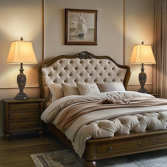 AIDENOEY 29.5" H Touch Traditional Table Lamp Set of 2,Vintage Bedside Nightstand Lamps with Dual USB and Night Light, 3-Color Hollow Out Leafwork Black Gold Finish Desk Lamps for Living Room,Bedroom