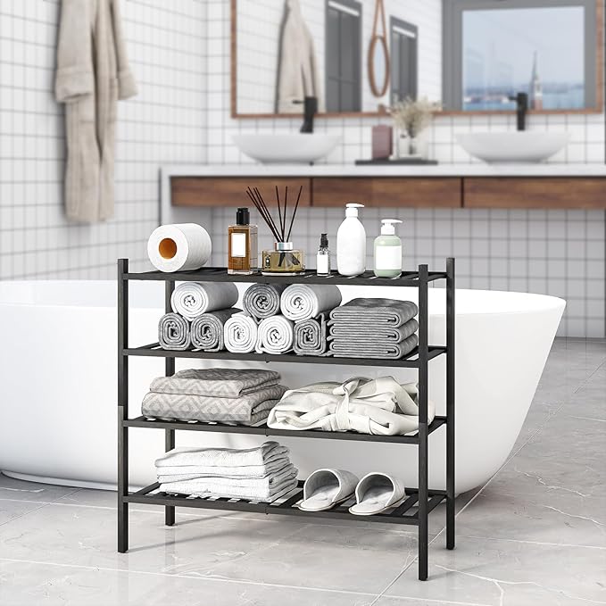 4-Tier Bamboo Shoe Rack for Entryway, Stackable | Heavy Duty | Multi-Function, Free Standing Shoe Racks for Bedroom Hallway Closet（Black）