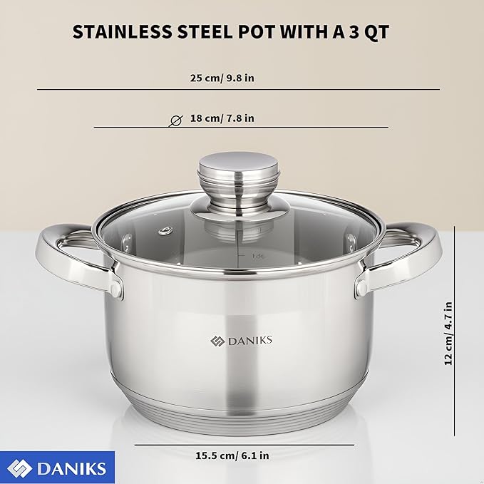 Daniks Standard Stainless Steel Stock Pot with Glass Lid – Induction 3 Quart, Dishwasher Safe, Measuring Scale, For Soup, Pasta, Stew, Silver