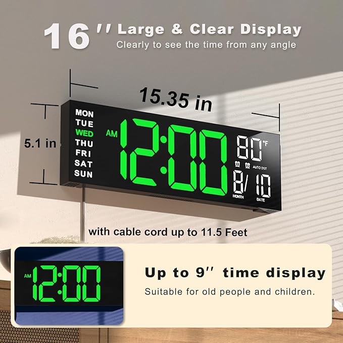 JALL 16" Large Digital Wall Mount Clock, Count Down Timer, Alarm, Big LED, RGB Color, DST, Temperature for Living Room Classroom Desk, Xmas, Birthday Gift for Senior Mom Dad (Green White, 16 inches)