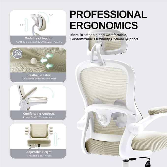 Ergonomic Office Chair,Ultra Thick Office Desk Chair with Adjustable Lumbar Support and Headrest,Spring Cushion,Rocking Function,Flip-up arms,Mesh Computer Chair for Home Office,Khaki