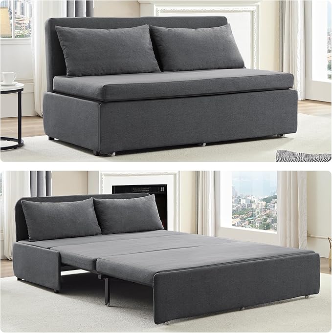 Queen Size Sofa Bed, Pull Out Sofa Bed with Cushions & Throw Pillows, Linen Couch Beds, Modern Convertible Sleeper Sofas Beds, Loveseat for Living Room for Small Spaces - Dark Grey
