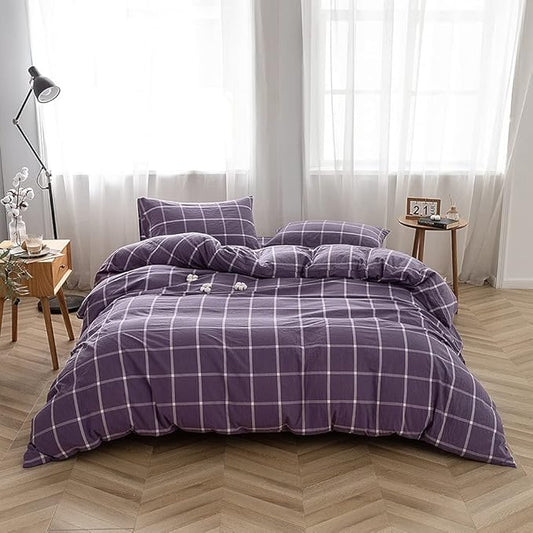 FACE TWO FACE Bedding Duvet Cover Set100% Washed Cotton Duvet Cover Linen Like Textured Breathable Durable Soft Comfy(Full, Purple Grid)